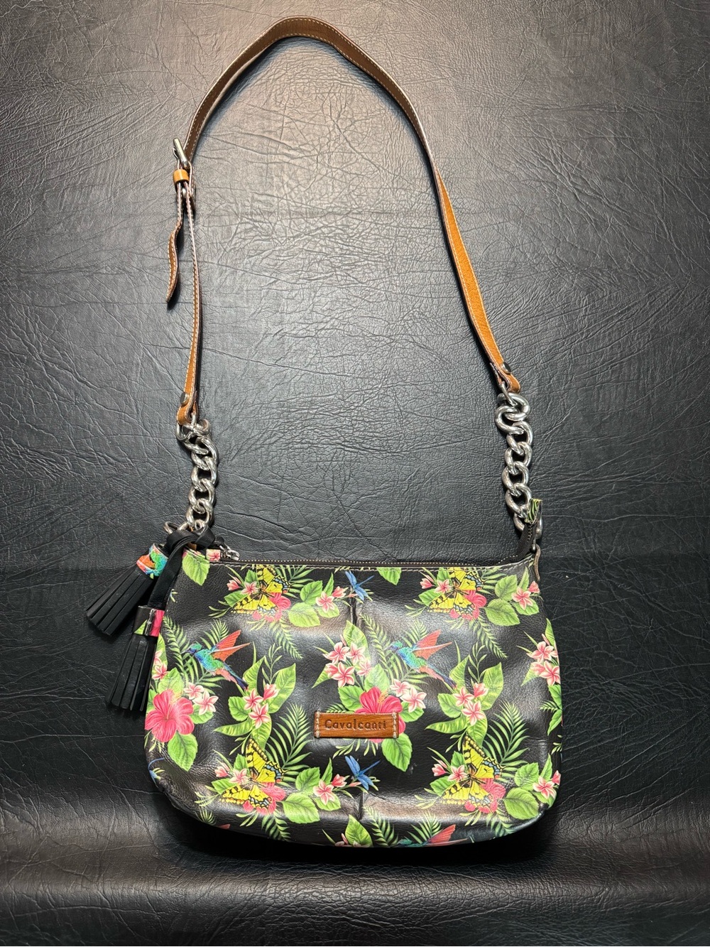 Cavalcanti Italy Genuine Leather Tropical Floral Hummingbird Shoulder Bag Purse